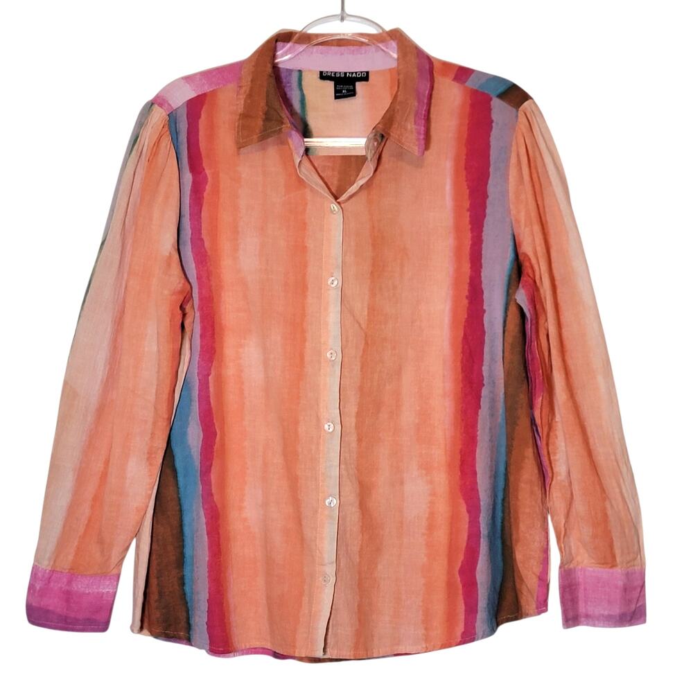 Dress Naoo Cotton Watercolor Stripe Button Front Long Sleeve Shirt XL Artsy